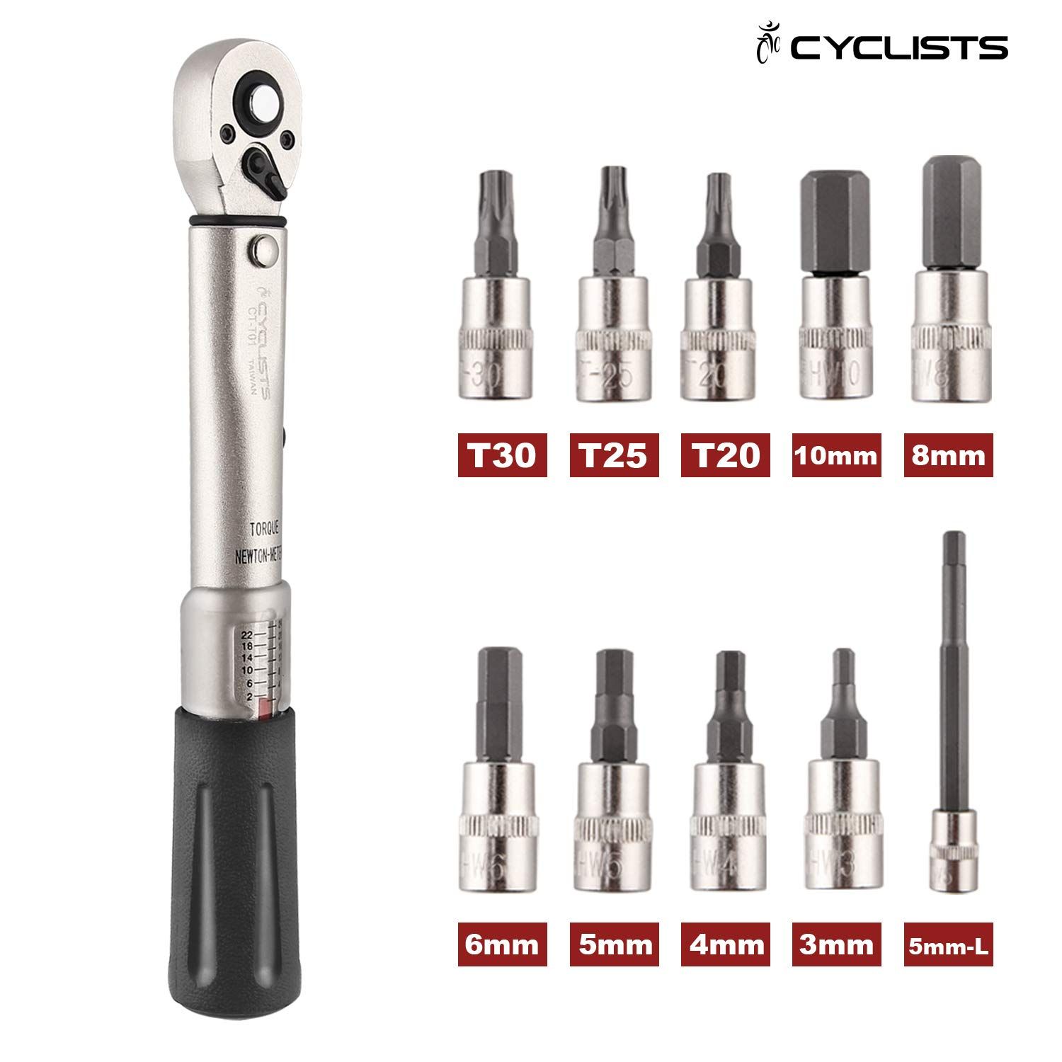 CYCLISTS 自転車 トルクレンチ セット 差込角 6.35mm 1 4インチ 2～24Nm 3 4 5 6 8 10mm 5mm-L T20 T25 T30 ソケット プリセット型 収納ケース付 CT-T01
