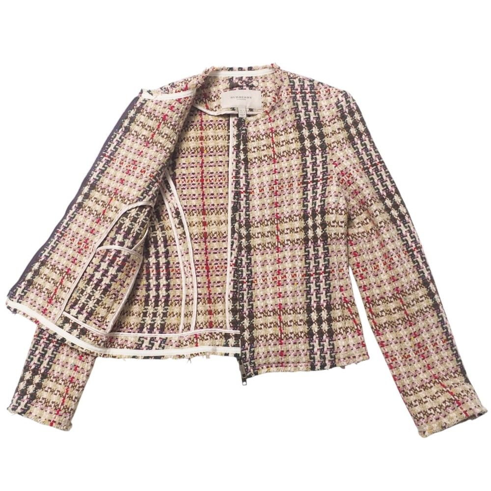 BURBERRY - BURBERRY バーバリー ジャケット サイズUK6 ツイード ノーカラージャケット ウール カシミヤ ベージュ イタリア製 ブランド古着【中古】20250428/RA4476 BURBERRY バーバリー ジャケット サイズUK6 ツイード ノーカラー