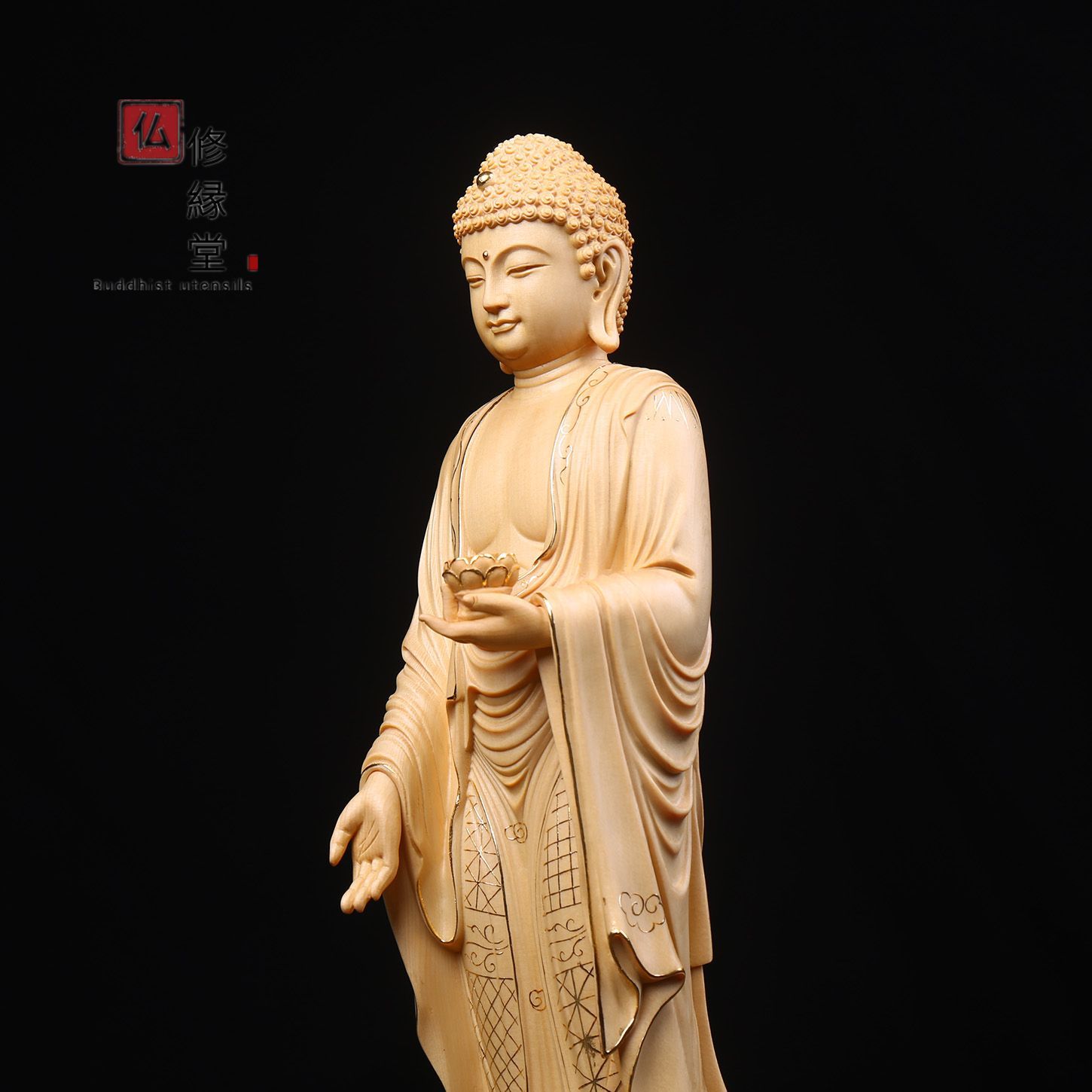 修縁堂】 豪華! 木彫仏像 阿弥陀如来立像 阿弥陀仏 彫刻 本金 切金 檜