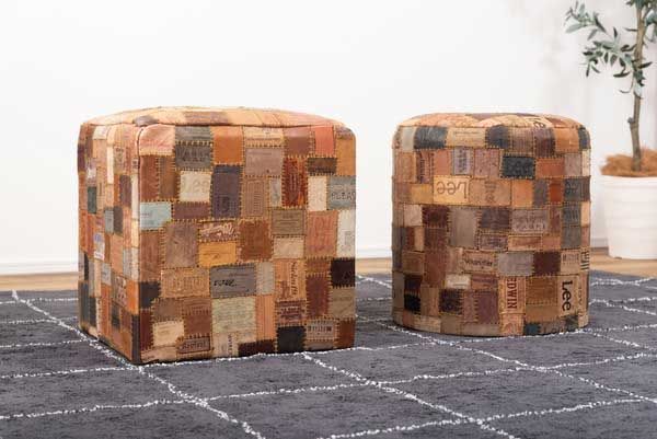 ヴィンテージ風レザータグのパッチワークスツール