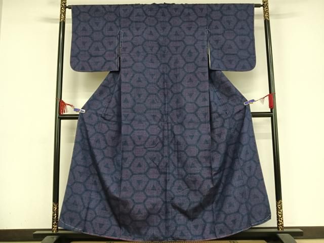 平和屋着物○結城縮 100亀甲 飛び亀甲柄 草花文 正絹 逸品 AABA2656np