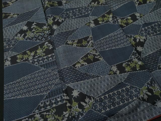 平和屋着物○本場大島紬 一元7マルキ 藍 麻の葉エ霞文 正絹 逸品