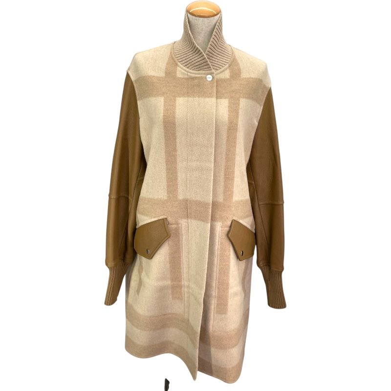 エルメス HERMES レザー切替カシミヤロングコート ベージュ カシミヤ レディース その他アウター