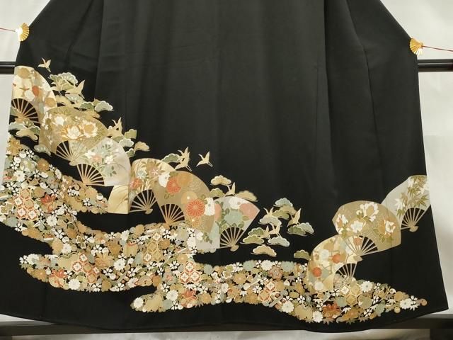 平和屋着物□豪華黒留袖 駒刺繍 扇面飛鶴宝尽くし文 金彩 正絹