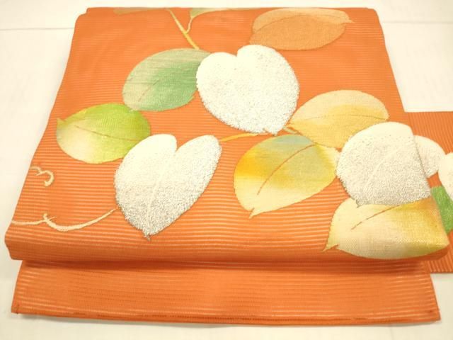 平和屋着物＊夏物 九寸名古屋帯 枝葉文 金銀糸 正絹 逸品 DAAU8134cm