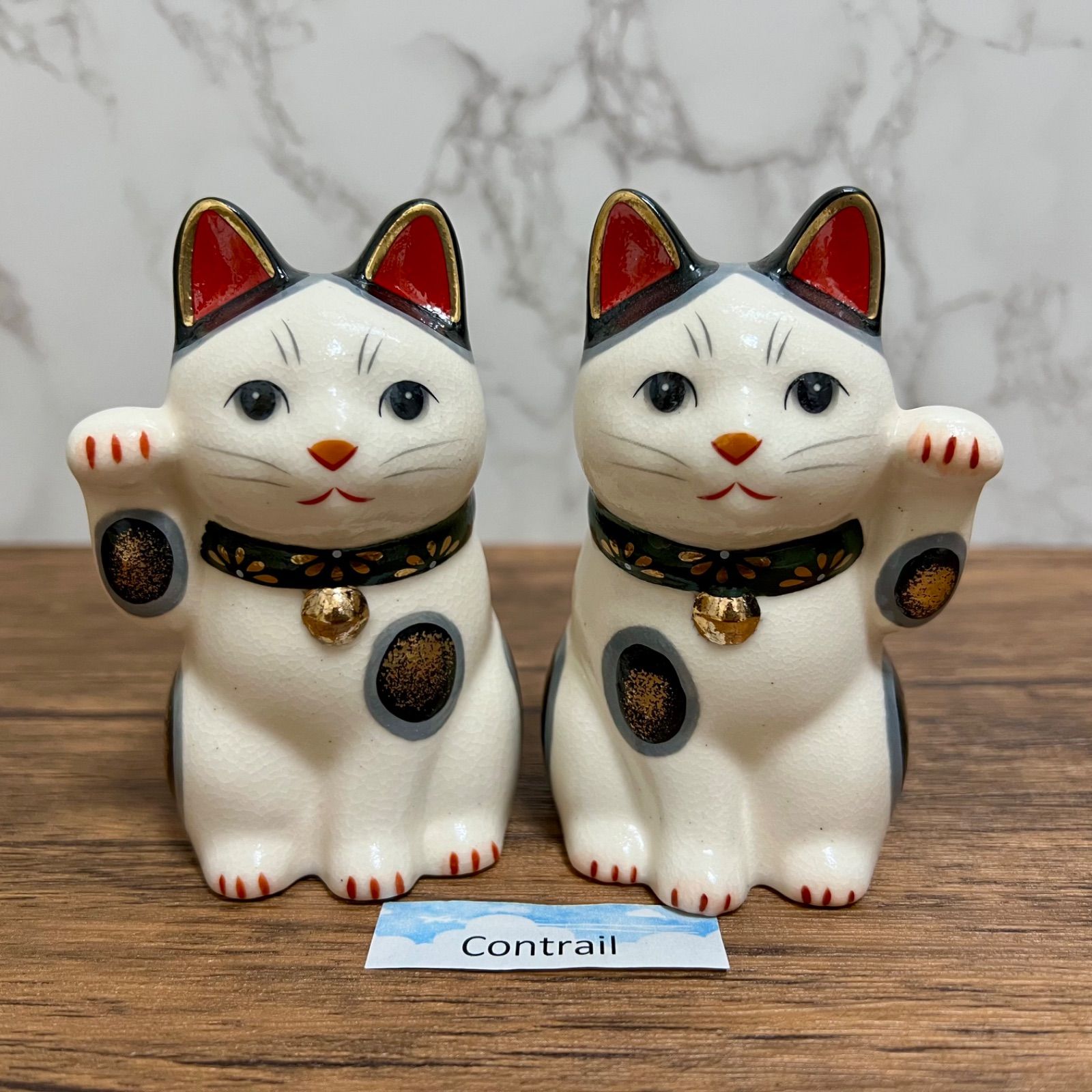 薬師窯 菊花 招き猫 右手 ＆ 左手上げ 緑 小 セット 縁起物 10.5cm Yakushigama Maneki Neko Lucky Cat Set of 2 Green