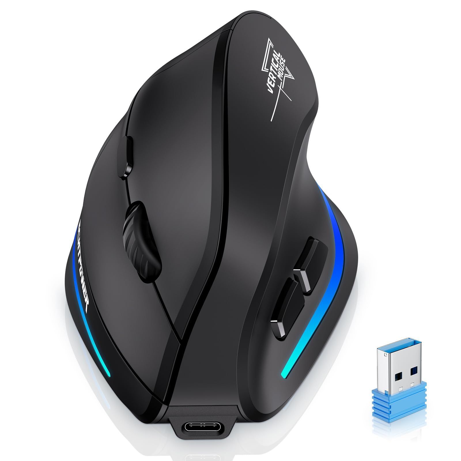静音 静音 TYPE-C充電式 長時間使用 6段階DPI調整 6ボタン ネオンLED 右手用 無線2.4GHz 縦型 人間工学デザイン ワイヤレス Windows/MacOS対応 エルゴノミクスマウス 無線マウス ECHTPower