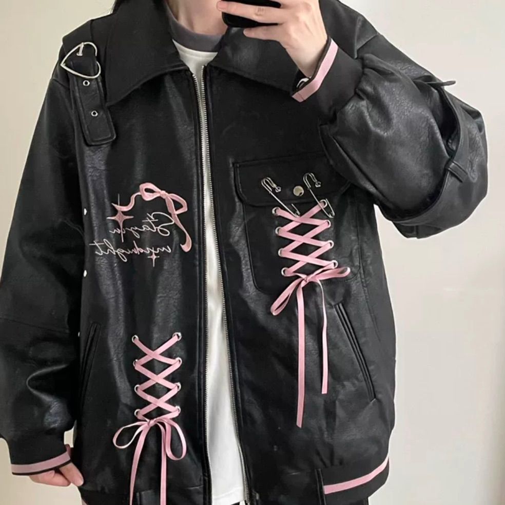 タグ付 DIDDI MODA レトロリボンレザージャケット ブラック×ピンク S