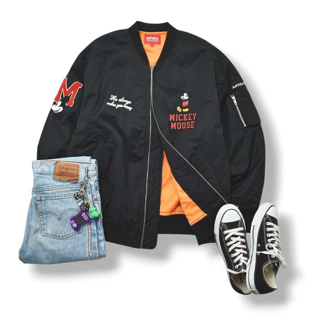 フルデコ アンティバル ANTIBAL x Disney ミッキーマウス 刺繍 MA-1 フライトジャケット L ブラック ミリタリー ナイロン ジャケット サガラワッペン アメカジ ストリート