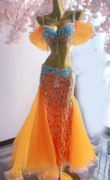 ベリーダンス衣装 ブラスカートセット オレンジ系 花 オーダーメイド