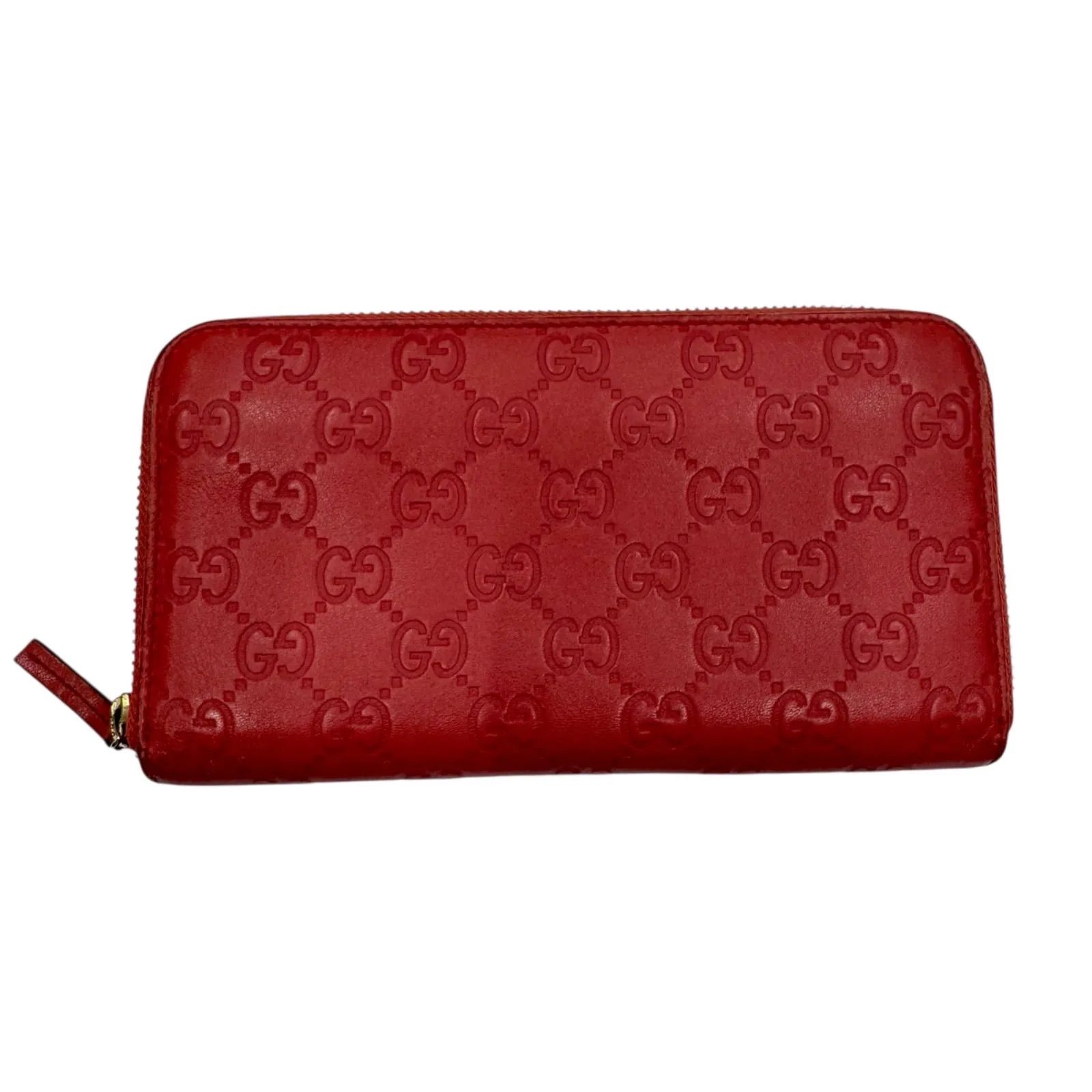 GUCCI グッチ GG シマ ラウンドファスナー 長財布 レザー レッド