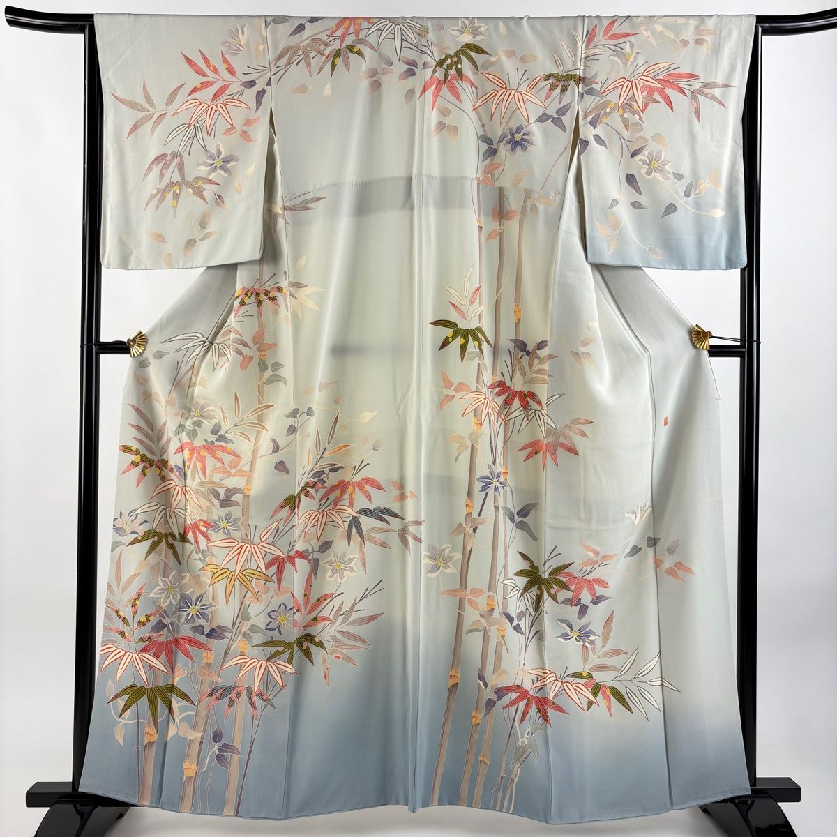 訪問着 身丈160cm 裄丈65cm M 袷 落款 竹 草花 ぼかし 青灰色 正絹