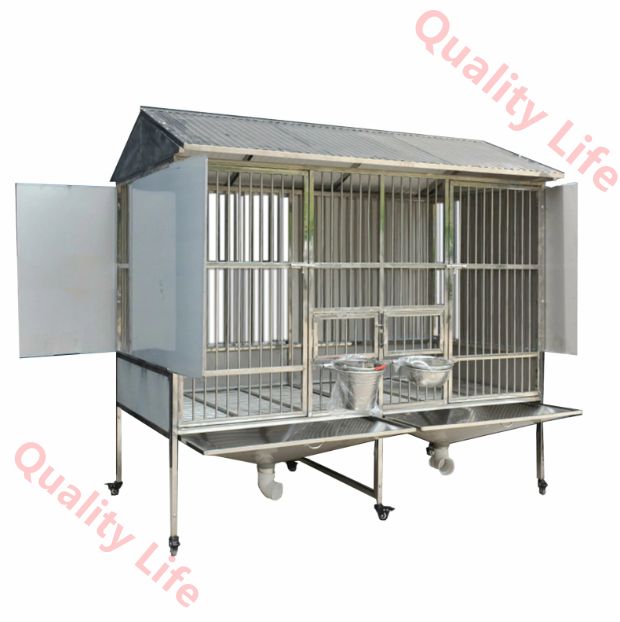 大型ステンレススチール製犬用ケージ 屋外防雨 断熱 トイレ トレイ ユニバーサルホイール あらゆる種類のペットに適した 一体型の2～3部屋の犬小屋 耐荷重500kg 110*75*158cm