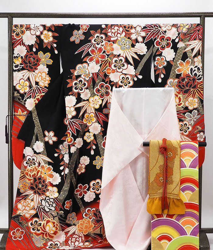 振袖 正絹 吉祥四季花模様 5点セット 身丈174.5cm 裄丈71cm 袋帯 長襦袢 帯締め 帯揚げ 振袖5点セット リサイクル 着物 e4082