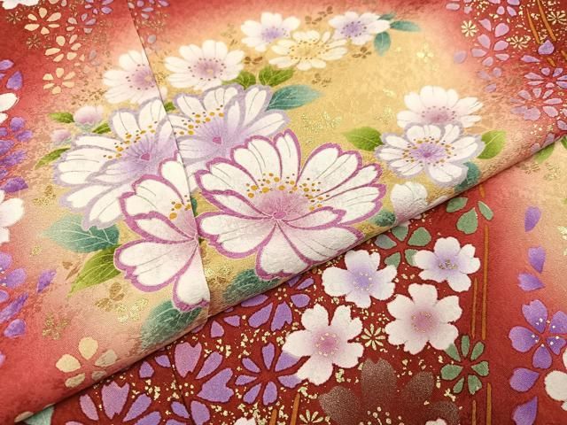 【華やか】⭐️金彩振袖⭐️縮緬⭐️雪輪重ね文様⭐️ 平和屋着物○豪華振袖 舞花文 暈し染め 金彩 仮絵羽 逸品 未使用