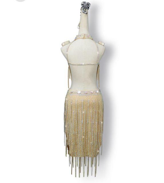 社交ダンス衣装 ラテンワンピースドレス 豪華 シャンパン