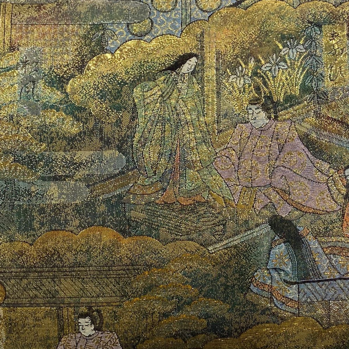 美品！24金プラチナ 源氏物語 帯 袋帯 美品 名品 源氏物語絵巻 24金プラチナ箔 茶緑色 全通 正絹