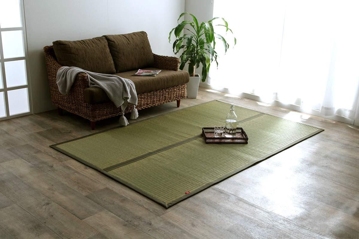 【新品・4営業日で発送】イケヒコ い草 ラグ カーペット マット 長方形 DX沖縄ビーグ カーキ 約128×200cm 日本製 裏付 ヘリ:デニム生地使用 #1718760