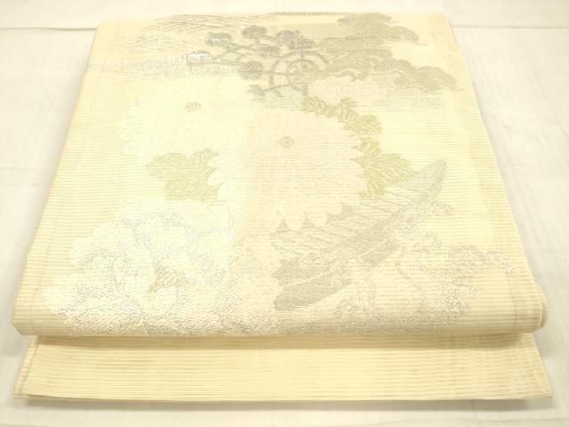 平和屋着物＊夏物 アンティーク 大正ロマン 丸帯 草花舟文 銀糸 正絹 DAAW4510cm