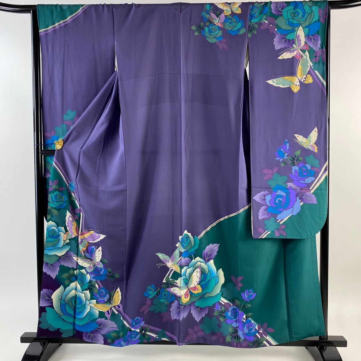 振袖 身丈160cm 裄丈66.5cm M 袷 蝶 薔薇 金彩 染め分け 紫 正絹 名品 【 