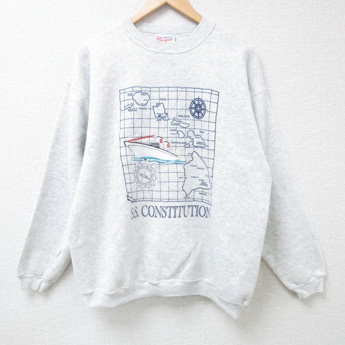 L/古着 ヘインズ Hanes 長袖 スウェット メンズ 90s 船 地図 刺繍 クルーネック 薄グレー 霜降り 24aug24 中古 スエット トレーナー トップ