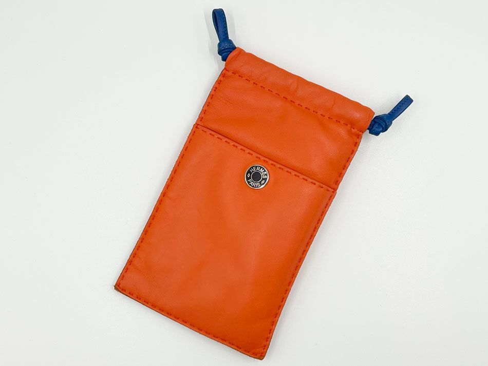 HERMES エルメス ピロ フォンケース ポーチ 巾着 アニョーミロ ヴォースイフト オレンジポピー ブルー U刻印