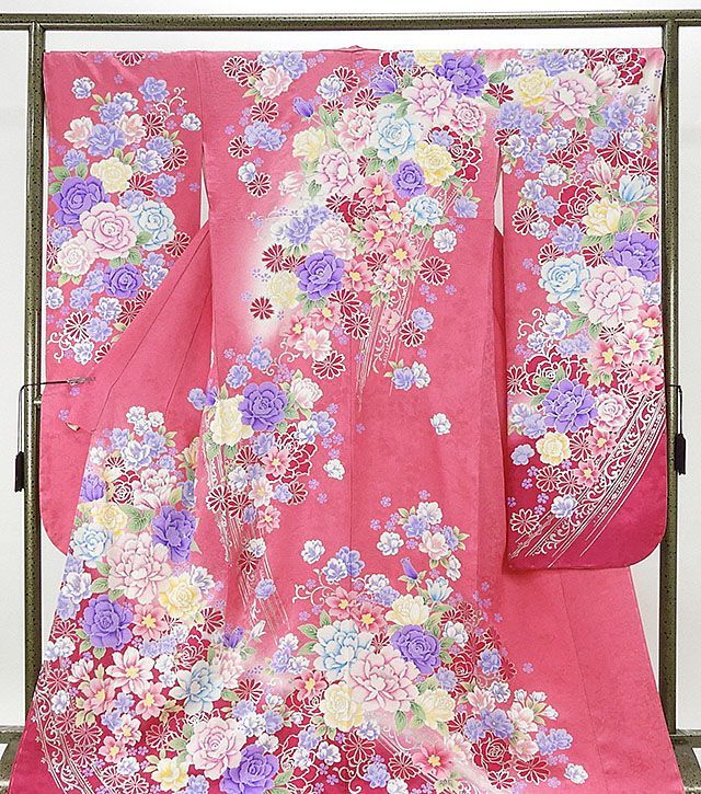 振袖 仕立済 正絹 薔薇椿桜模様 振袖 仕立て上がり 着物 e1005