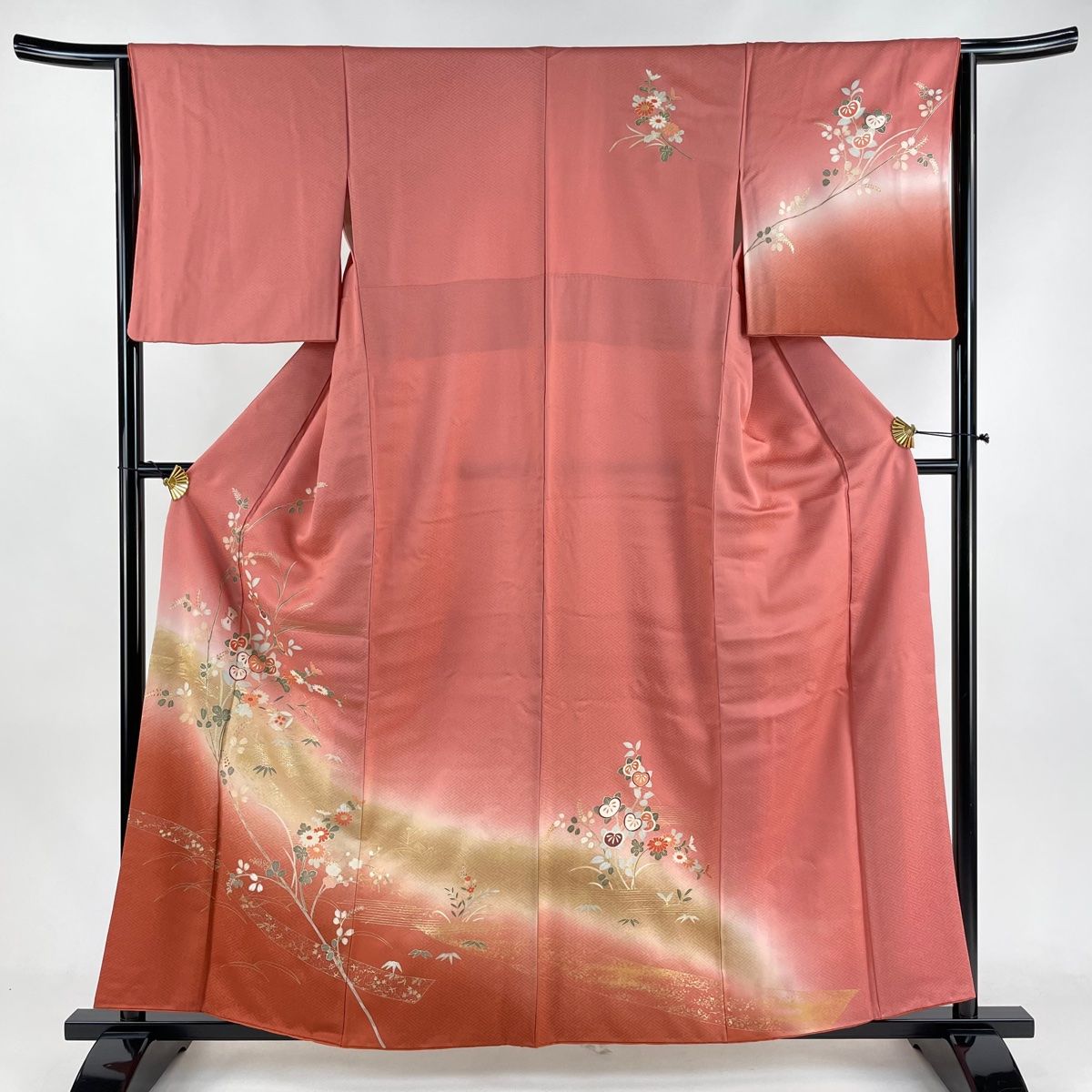 訪問着 身丈159.5cm 裄丈63cm S 袷 橘 草花 金彩 ぼかし ピンク 正絹 秀品