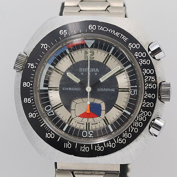 デッドストック級 シクラ 黒文字盤 クロノグラフ インナーベゼル ラウンド 手巻 メンズ腕時計 OGH 2909ABC0070400