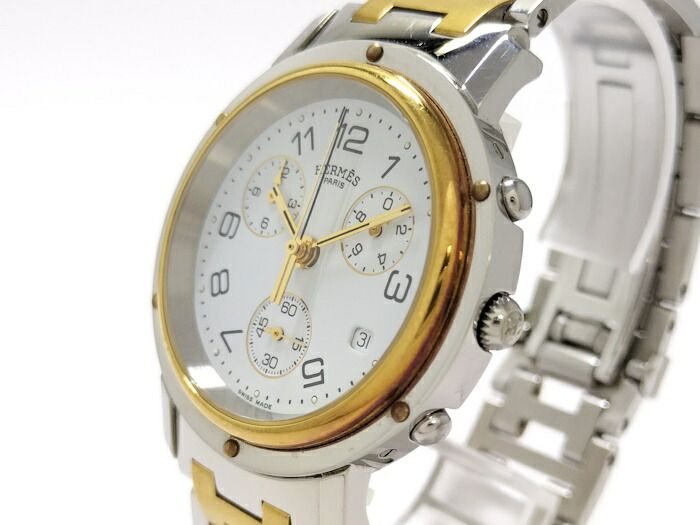 HERMES】エルメス クリッパー 腕時計 コンビ メンズ QZ SS/GP 白文字盤