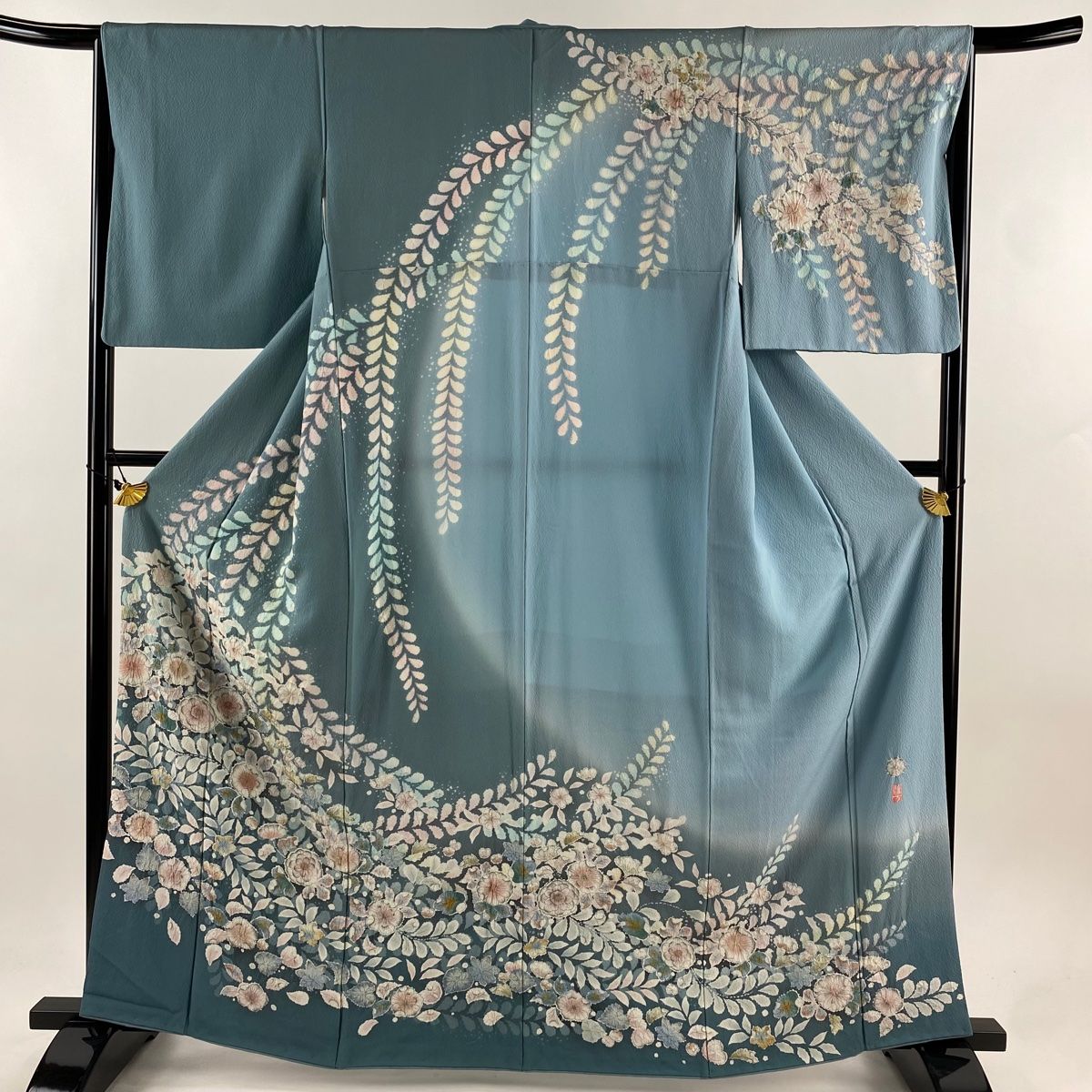訪問着 身丈163cm 裄丈65cm M 袷 落款 辻が花 ぼかし 青灰色 正絹 名品  