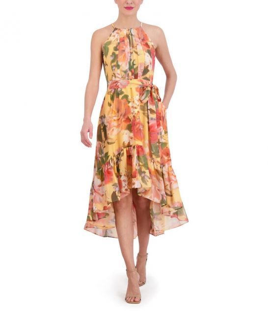 【送料無料】 ヴィンスカムート レディース ワンピース トップス Chiffon Halter High Low Midi Yellow Multi