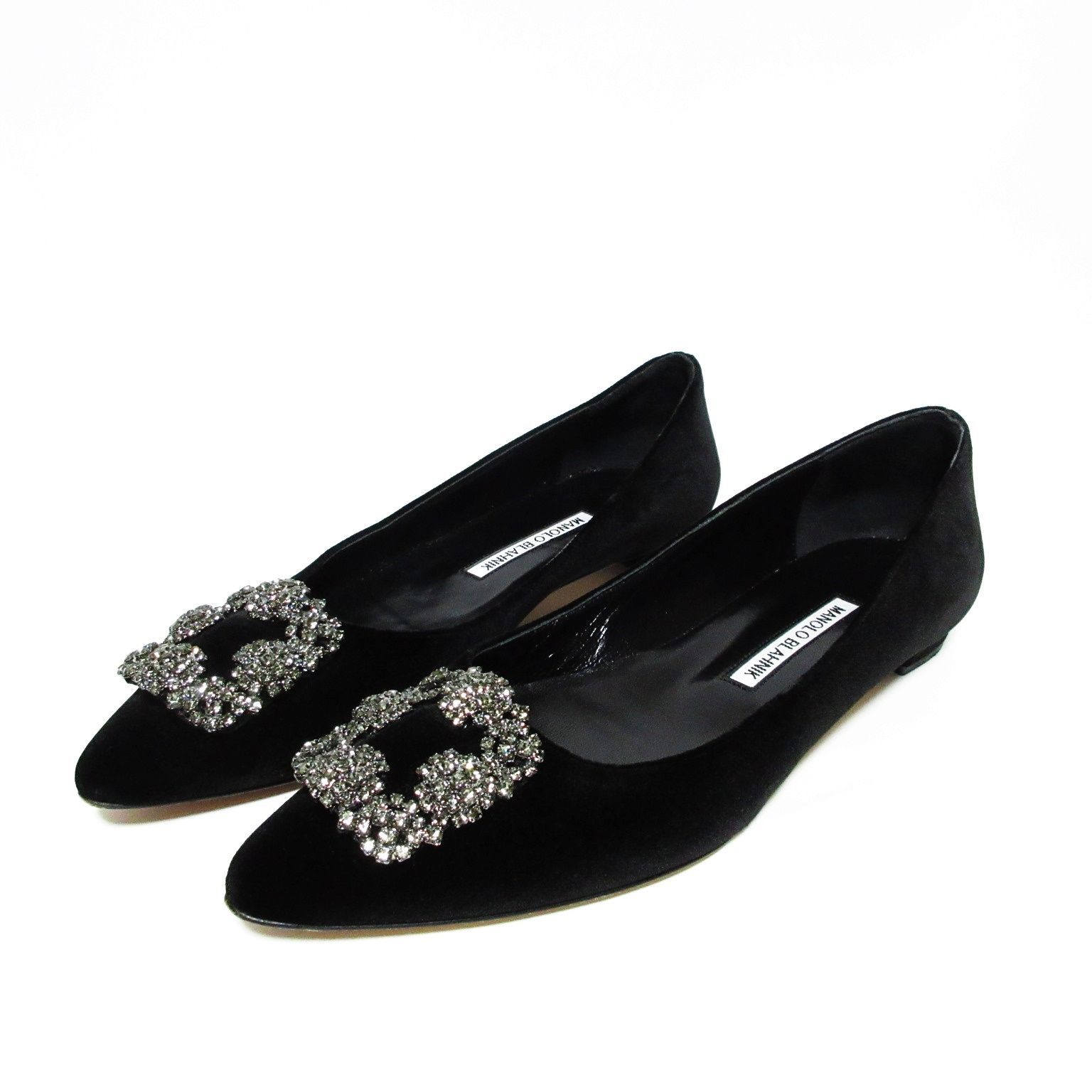 美品MANOLO BLAHNIKハンギシ黒フラット シューズ パンプス38.5約24.5