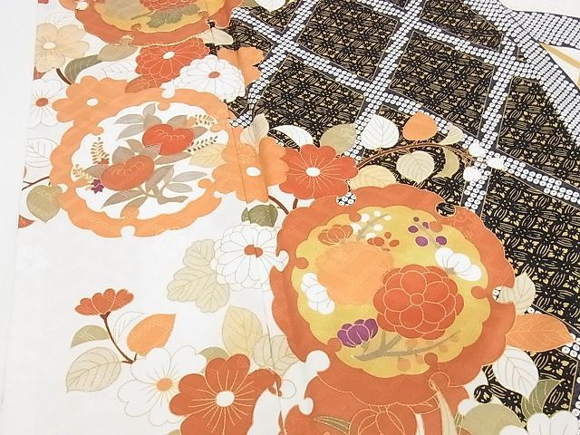 □極上 十日町老舗吉澤友禅 吾妻徳穂 駒刺繍 雪輪花文 金彩正絹