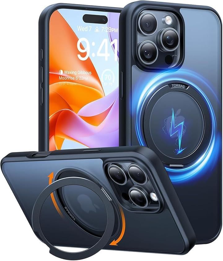TORRAS iPhone 16 pro ケース リング 付き 一体型 MagSafe 対応 耐衝撃 ワイアレス充電対応 6.3インチ ブラック 三眼 レンズ保護 Ostand Rマグネット 強力(ブラック， iPhone 16 Pro 用) iPhone 0 TORRAS 16ProMax iphoneケース 6.3