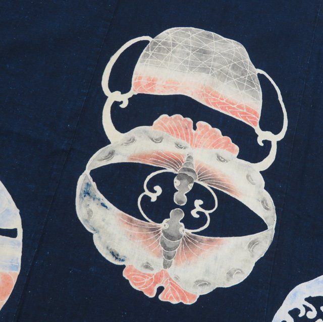 藍染 筒描き 筒描 筒書き つつがき 鶴 亀 蝶 草花 古裂 時代布