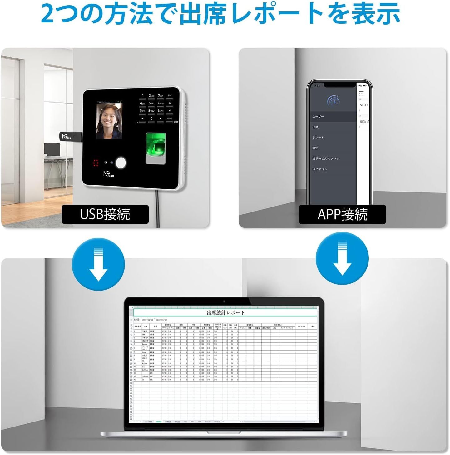 NGTECO タイムレコーダー 指紋認証 高機能自動集計 タイムカードレコーダー 顔認証 IDカード認証 パスワード認証 2.4G WIFI  APP接続 勤怠管理 タイムカード本体 MB2 - メルカリ