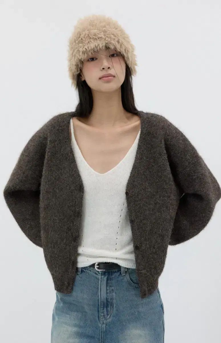 ミチコ リー ロンドン ヘアリー オーバーサイズ ウールニット カーディガン ディープブラウン