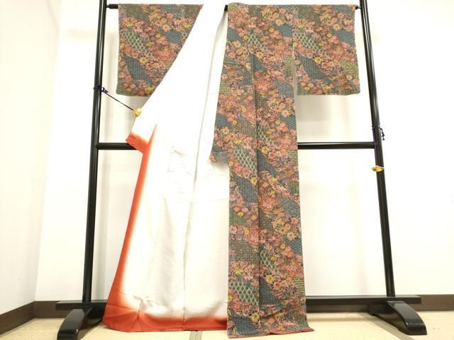 平和屋着物□上質な小紋 型染め 花尽くし 鬼しぼ縮緬 正絹 逸品