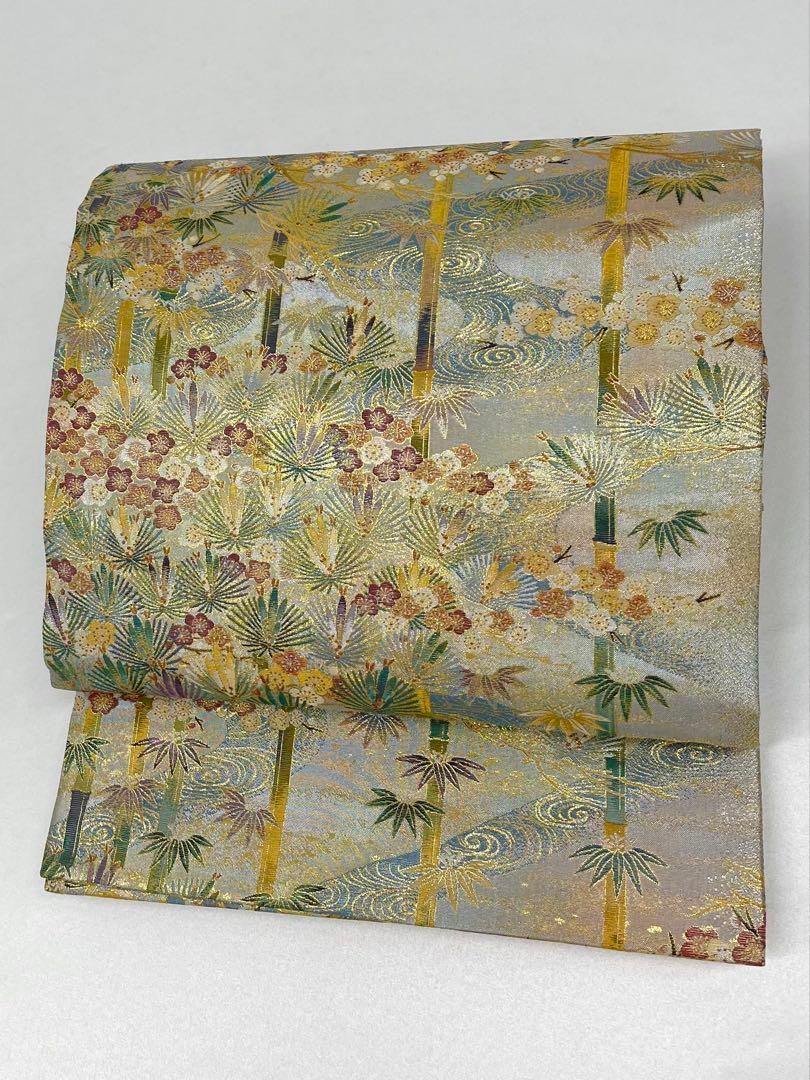 西陣あさぎ 全通 丸帯 兎 鳥 竹笹 華紋 牡丹 流水色紙文様 金糸 正絹