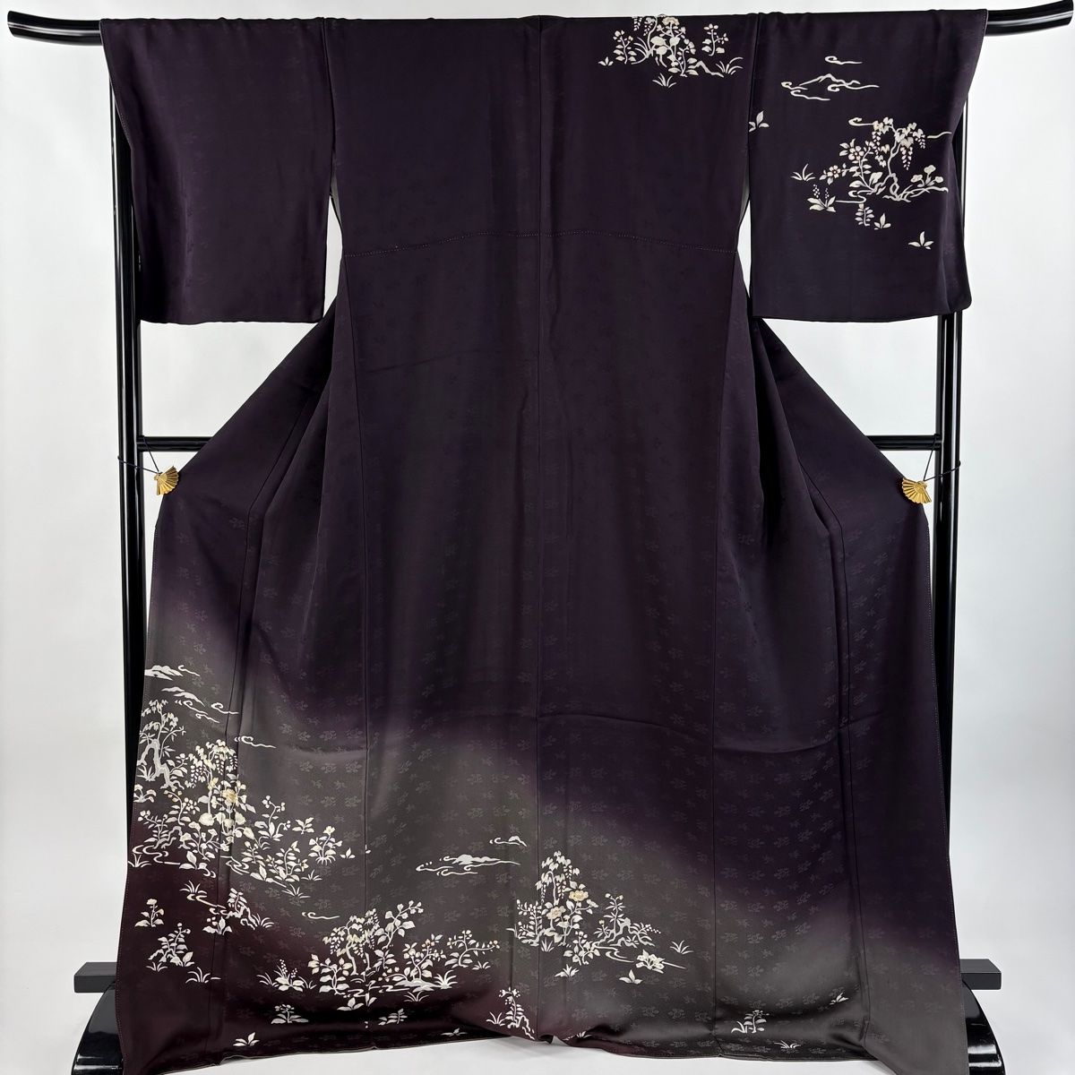 訪問着 身丈173cm 裄丈70cm L 袷 草花 流水 金彩 ぼかし 濃紫 正絹 秀品