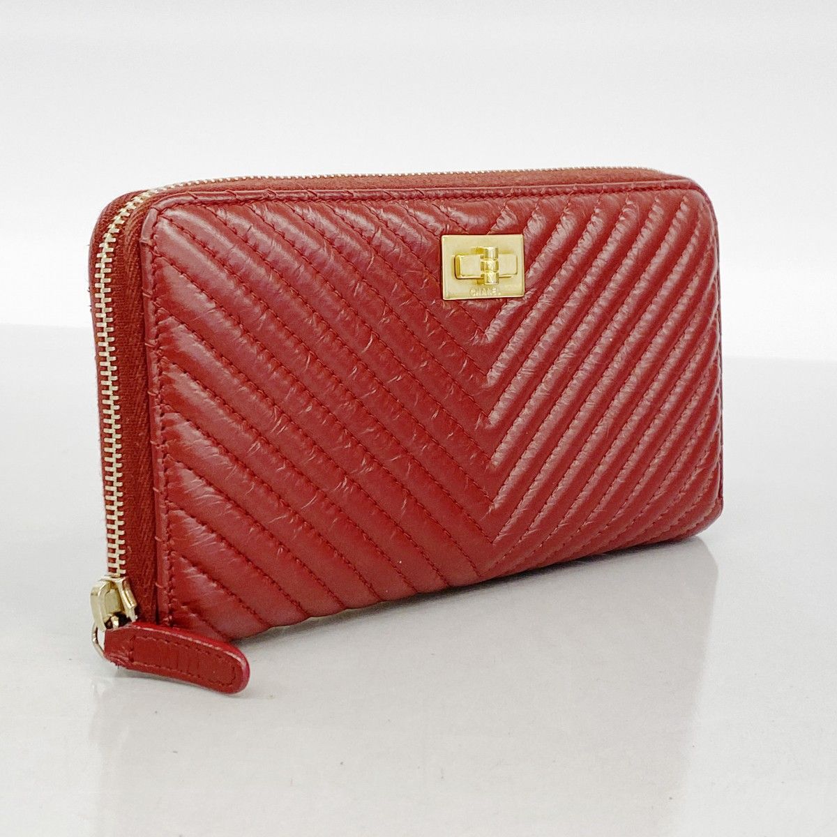 5ge6251-h】シャネル 長財布 Vステッチ 2.55 カーフスキン ボルドー  