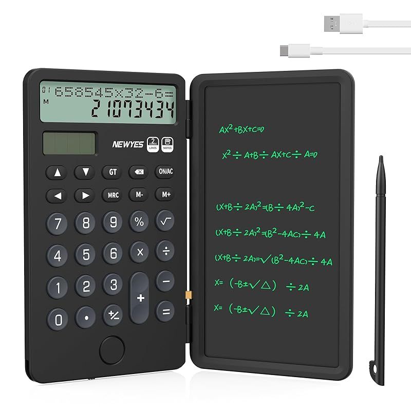 【新品】 NEWYES 電卓付き電子メモパッド ソーラー/Type C充電可 2行表示 折りたたみ式 ワンタッチ消去 多機能 計算機 デジタルペーパー 電卓 デジタルメモ 12桁 使いやすい 小型 ６インチ コン