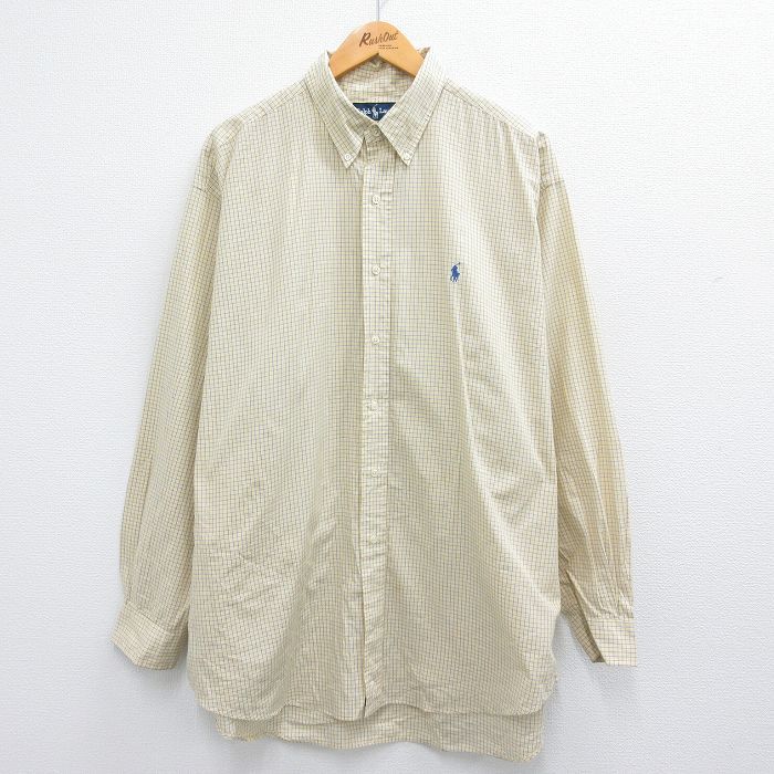 XL/古着 ラルフローレン 長袖 ブランド シャツ メンズ 90s BLAKE ワンポイントロゴ 大きいサイズ ロング丈 コットン ボタンダウン 黄他 イ