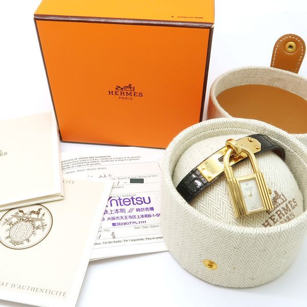 HERMES ケリーウォッチ K18YG 20周年 1995年 ポロサス クロコ 革ベルト 金無垢 4Pダイヤモンド 箱・保付 エルメス  ◆送料込◆質屋-9250