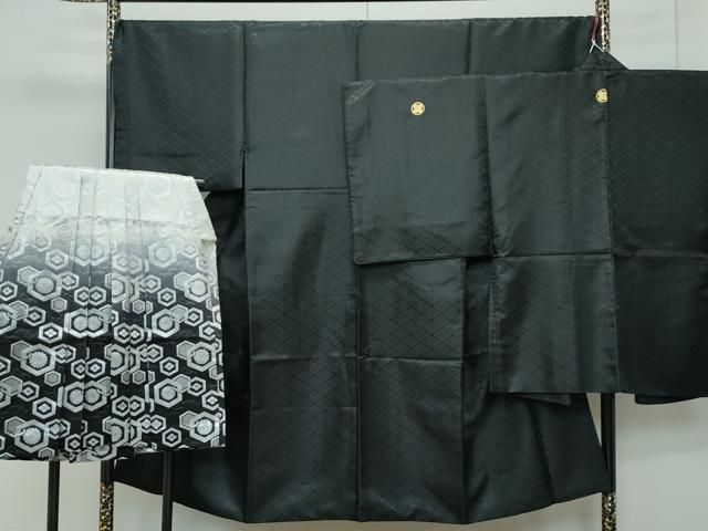 平和屋着物 上 男性 色無地 紋付き羽織 行灯袴セット キングサイズ 黒地 花菱地紋 舞台衣装 洗える着物 CZAA3662s5