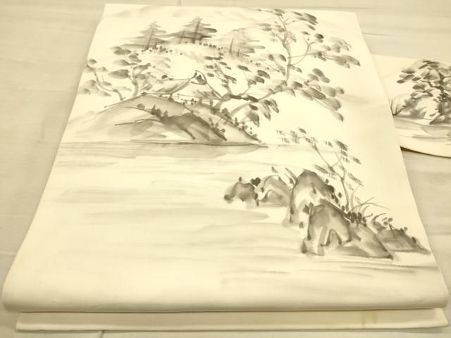 未使用　なごや帯　塩瀬　手描き　風景文様　作家　九寸名古屋帯 平和屋着物◎塩瀬 九寸名古屋帯 作家物 手描き 風景枝葉文 正絹