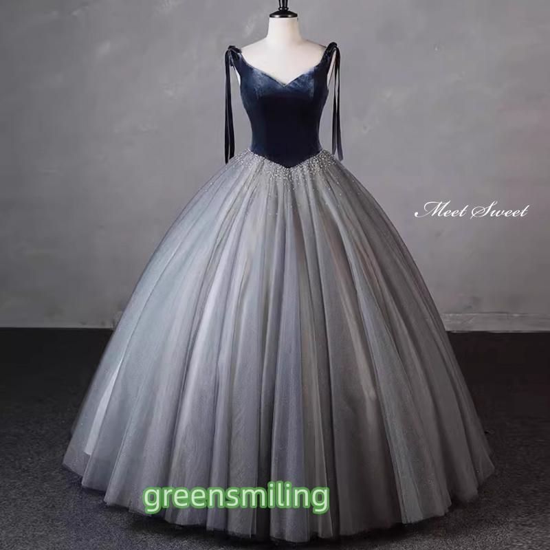 ドレス プリンセスライン ロングドレス ネイビー グレー 袖なし リボン ウェディングドレス 結婚式 二次会 花嫁 前撮り 演奏会 発表