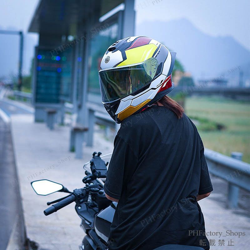 ヘルメット フルフェイスヘルメット バイク DOT承認 バイクヘルメット 耐久性 安全性 通気性 男女兼用 シールド色選択 おしゃれ レッド＆イエロー＆ホワイト A80