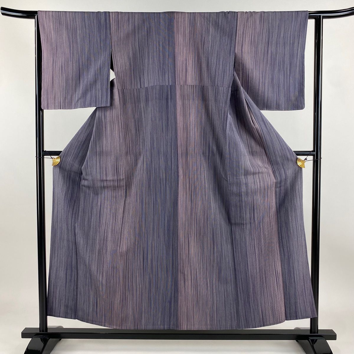 お召 身丈155cm 裄丈62cm S 単衣 本塩沢 証紙 縞 灰紫 正絹 美品